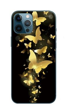 an iphone case with gold butterflies on black, and the back cover is open to show it