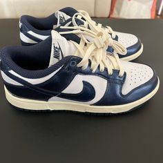 W Nike Dunk Low White/Midnight Navy 7.5. Brand New With The Box. Open To Offers. Nike Dunk Midnight Navy, Shoe Lookbook, Blue Nikes, Pretty Sneakers, Beige Shoes, Swag Shoes, Blue Nike, Midnight Navy, Nike Dunk Low