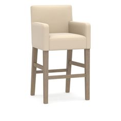 a beige upholstered bar stool with armrests on an isolated white background