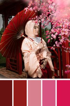 a woman holding an umbrella in front of pink and red color palettes with flowers