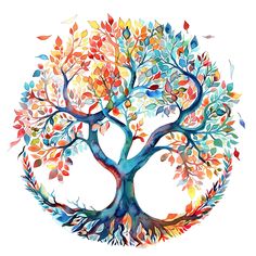 a watercolor painting of a tree with colorful leaves in the shape of a circle