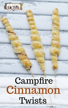 some food is being served on skewers with the words campfire cinnamon twists