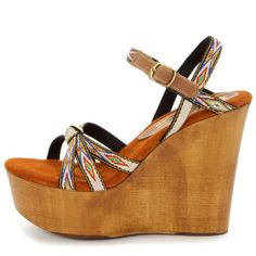 Sbicca Mojo Woven Wooden Platform Wedge Sandals! Geometric Bands Form A Colorful Southwestern Motif As They're Cinched Into A Dainty Knot Across The Toes, And Fastened With A Brass Buckle And Brown Leather Accents Along A Crisscrossing Quarter Strap. Wooden Platform Builds From 1.75" At Vamp To A 5" Wedge Heel. Well Cushioned Suede Insole. Non-Skid Rubberized Sole. Size: 9.5 Color: Multicolored 100% Cotton Heel Measures 5" Platform Measures 1.75” Made In The Usa Double Padded Sueded Footbed Cond Bohemian Multicolor Wedge Heel Sandals, Bohemian Platform Wedge Sandals For Summer, Bohemian Multicolor Open Toe Wedge Sandals, Summer Bohemian Platform Wedge Sandals, Bohemian Wedge Sandals For Spring, Bohemian Wedge Sandals With Adjustable Fit, Bohemian Platform Wedge Sandals For Beach, Summer Festival Wedge Heel Sandals, Summer Festival Wedge Sandals