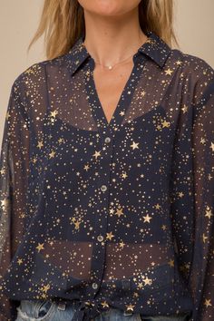 We hope you like compliments...cuz you'll get them in this fun blouse! Foil Star Print Blouse Navy with Gold Stars Sheer Drawstring Waist Button Down Polyester Stage Costume Design, Stars In Her Eyes, Blouse For Work, Alt Clothing, Space Outfit, Star Clothing, Fairy Clothes, Stage Costume, Her Eyes