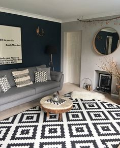 the living room is decorated in blue and white with an area rug that looks like it has