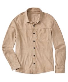 A luxury garment that's truly different is a wonderful breath of fresh air. This big and tall shirt jacket is made from premium Italian Metisse goat suede, which feels incredibly light in weight and buttery soft. The garment's bonded interior makes it easy to layer into your outfits, and it'll pair well with denim, 5-pocket pants, and chinos. Genuine horn buttons add an extra upscale touch. Italian Metisse goat suede leather is exceptionally soft and lightweight, yet durable Genuine horn buttons Pocket Pants, Big And Tall, Fresh Air, Shirt Jacket, Suede Leather, Patch Pocket, Gentleman, Sleeve Length, Mens Tops