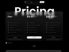 the pricing page is displayed in black with white lettering on it and three different pricing options