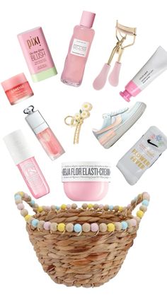 a basket filled with lots of different types of cosmetics and other things to put in it