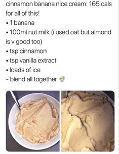 the ingredients for cinnamon banana ice cream are shown in three different pictures, including one bowl and