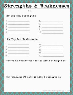 a printable workout log with the words strength and weakness written on it in black