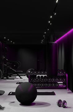 a gym with exercise balls, dumbbells and other equipment in the dark room