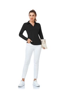 Versatility meets performance in our Solid black V-neck long-sleeve Golf Shirt. Perfect for both the golf course and the office, this shirt features a classic design and premium 4-way stretch fabric. The wrinkle-resistant finish and moisture-wicking technology make it a must-have for any wardrobe. Prints & Pattern: Solid colorMaterial: 95% Polyester, 5% Spandex.Highlights: UPF50+ (UVA/UVB), streamlined fitCollar type: V-neck. collaredSleeves: Long-sleeveColors: BlackScenarios: Suitable for sport Fitted Long Sleeve Golf Tops, Fitted Long Sleeve Tops For Golf, Classic Long Sleeve Golf Top, Blue Bungalow, Womens Thermal, Going For Gold, Golf T Shirts, Long Sleeve Polo Shirt, 4 Way Stretch Fabric