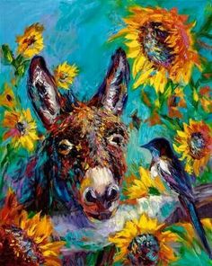 a painting of a donkey surrounded by sunflowers