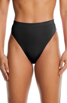 These sleek bikini bottoms have a high waistband that smoothes, supports and hides a zip pocket in back for your keys or cash. Full back coverage Hidden back zip pocket Lined 83% recycled polyester, 17% elastane Hand wash, line dry Imported Women's Clothing Black High-cut Leg Swimwear For Pool, High Rise Solid Swimwear With Smoothing, High Rise Elastane Swimwear, High Rise Solid Smoothing Swimwear, High Waist Black Swimwear With Contoured Waistband, Sleek Solid High-cut Leg Swimwear, Sleek Black Brief Bottoms, Black High-cut Leg Smoothing Swimwear, High Rise Black Swimwear For Swimming