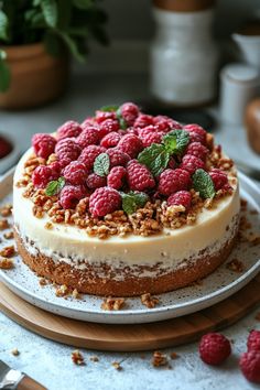 a cheesecake with raspberries and mint leaves on top