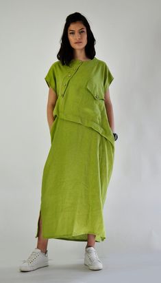 Dress For Women Green Linen Dress Asymmetric Linen Dress | Etsy Women Green Dress, Long Linen Shirt, Jacket Inspiration, Maxi Linen Dress, Green Linen Dress, Summer Day Dresses, Dress Kaftan, Dark Dress, Cashmere Dress