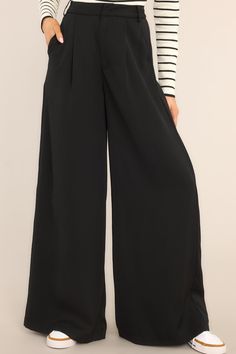 Be the talk of the office in these Office Chic Black Pants! Show 'em who's boss while flaunting your fashion in these timeless versatile black trousers - guaranteed to keep you chic and professional for any occasion. Look effortless when you step into the office. These pants feature a high waist fit, a hook and bar closure, belt loops, pockets, and a wide leg. 100% Polyester Hand Wash Cold Unlined Imported Model is wearing a size small Chic Wide Leg Workwear Bottoms, Chic Business Wide Leg Ankle-length Pants, Chic Wide-leg Workwear Bottoms, Chic Wide Leg Bottoms For Workwear, Formal Straight Pants For Office, Chic Solid Color Workwear Bottoms, Office Chic Ankle-length Pants, Office Lady Wide Leg Dress Pants For Work, Office Lady Style Trousers For Work