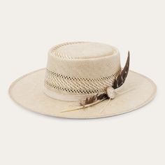 The Batterson Straw Hat is crafted with a firm finish from high-quality 100% Shantung straw. Unique, lightweight and statement-making, it has a 3 1/2” oval gambler crown and a 3” flat brim, complemented by a cotton cord hat band with removable feather detail and a genuine leather sweatband for a time-tested fit and all-day comfort. Handmade in the U.S.A. with the finest construction and materials, our straw hats are made to stand the test of time. 3 1/2" Oval Gambler Crown 3” Flat Brim Cotton Co Cheap Classic Hat Band For Spring, Cream Western Straw Hat With Short Brim, Western Cream Straw Hat With Short Brim, Western Style Cream Straw Hat With Short Brim, Western Style Boater Hat With Flat Crown For Rodeo, Western Boater Hat For Rodeo With Flat Crown, Western Flat Crown Boater Hat For Rodeo, Western Boater Hat With Flat Crown For Country Events, Cream Western Panama Hat For Kentucky Derby