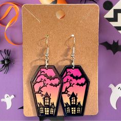 New Halloween Double Sided Coffin Haunted House Earrings Diy Shrinky Dink, House Earrings, Coffin Earrings, Shrinky Dink Jewelry, Halloween Coffin, Shrinky Dink, Earring Designs, Sticker Ideas, Boutique Jewelry