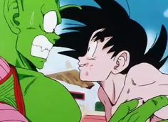 an animated image of a young man being hugged by a green creature with his head turned to the side