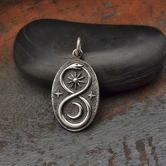 "Sterling Silver Ouroboros Infinity Snake Moon and Sun Charm. 925 solid Sterling Silver Moon Phases Charm Or Ring. Charm available on 16\" or 18\" solid Sterling Silver Delicate Chain. Charm measurement: 26mm x 13mm x 2mm (Length includes 5mm jump ring) Ring 18 mm x 13 mm Top - Available in Size 6 , 7, 8, 9" Infinity Snake, Snake Eating, Ouroboros Snake, Sun And Moon Necklace, Shop Inspiration, Golden Trio, Infinity Charm, Cards Art, Snake Pendant