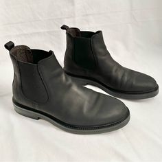 These Italian-Made Chelsea Boots Are In Excellent Condition! Very Lightly Used, No Damage To Be Seen! They Have A Clean, Classic Shape And Are Very High-Quality. Best Part About Them Is That They Are Waterproof!! Nubuck Leather Upper, Leather Lining, And Rubber Sole. Nubuck Leather Is Soft, Velvet-Like Leather That Has Been Treated To Be More Resistant To Wear! These Fit True To Size. Classic Waterproof Business Boots, Weatherproof Leather Boots With Plain Toe, Rugged Black Chelsea Boots For Outdoor, Black Slip-on Waterproof Boots, Black Waterproof Slip-on Boots, Classic Black Waterproof Boots With Vibram Sole, Classic Black Waterproof Moc Toe Boots, Weatherproof Leather Boots With Round Toe, Classic Waterproof Round Toe Boots For Business