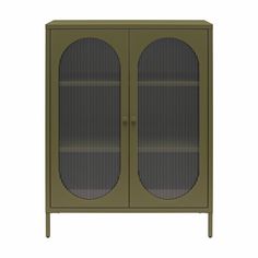 a green cabinet with two doors on the front