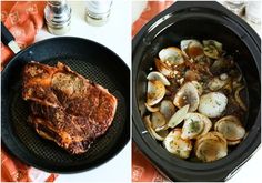 there are two pictures of food in the crock pot and on the table next to each other