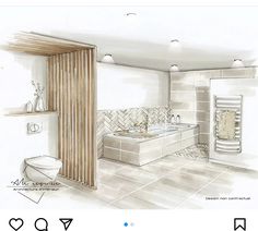 a drawing of a bathroom with a tub, toilet and shower in the middle of it