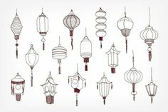 a bunch of lanterns hanging from the ceiling in different shapes and sizes, all drawn by hand