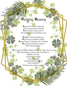 a wedding blessing card with shamrocks and leaves in the center on a white background