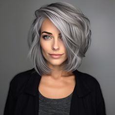 Gray To Brown Ombre Hair, Hair Color Ideas For Graying Brunette, 40 Year Old Gray Hairstyles, Hair Color For Going Grey, Hair Color Ideas For Going Gray, Grey Medium Length Hair, 2024 Grey Hair Trends, Hair Gray, Gray Blending Balayage