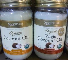 jars of organic virgin coconut oil sit on a shelf