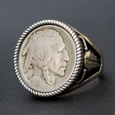 Splendid 925 Sterling Silver Signet Ring - Buffalo Skull Design. Hand-made. Antique style oxidized. The ring is set with a genuine US 1914 Indian Head Buffalo Nickel Coin, showing OBVERSE in front - Indian Head. Great detail, nice depth, and beautiful contrast. I designed and made the ring. The ring is NEW and never used. Ring size: You need to pick a ring size from drop-down menu Target: Unisex Coin year: 1914 Indian Head Buffalo Nickel Maker's mark: JT Stamped: 925 I will be happy to combine s New Buffalo, Buffalo Skull, Buffalo Nickel, Silver Signet Ring, Indian Head, Maker's Mark, Skull Design, Silver Coins, Signet Ring