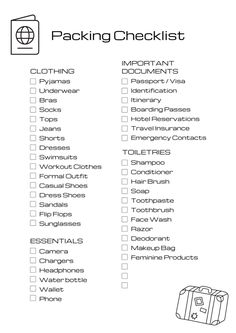 the packing checklist is shown in black and white