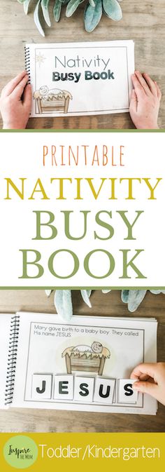 the printable nativity busy book for toddlers is shown with two hands holding an open