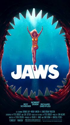 the movie poster for jaws with a woman standing on top of a shark's teeth