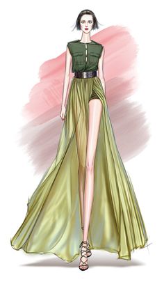 a drawing of a woman in a green dress with high slits on her legs