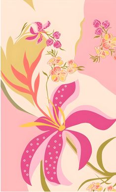 an abstract floral painting with pink, yellow and green flowers on a pale colored background