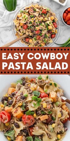 easy cowboy pasta salad with tomatoes, black beans and corn