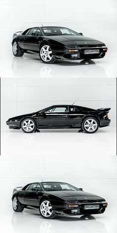 three different views of a black sports car