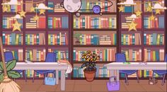 a room filled with lots of books and furniture next to a table covered in flowers