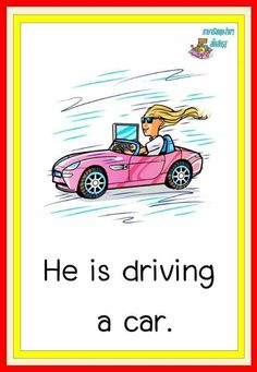 a girl driving a pink car with the words he is driving a car