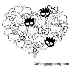 a heart filled with lots of different cartoon character heads and hearts coloring pages, coloring sheets,