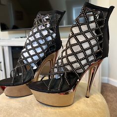 Beautiful Pair Of Black Studded Stiletto Heels! They Are Brand New! Elegant Black Club Sandals, Glamorous Open Toe Heels For Club, Elegant Round Toe Heels For Club, Glamorous Black Heels With Round Toe, Elegant Black Heels For Club, Ankle-high Heels With 4-inch Heel For Night Out, 4-inch Heel Ankle-high Heels For Night Out, Ankle-high 4-inch Heels For Night Out, Ankle-high Sandals With Wrapped Heel For Night Out