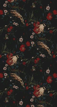 a black background with red flowers and two hands reaching for each other's hand