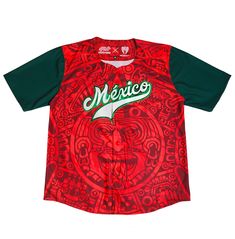 Wear the colors of your homeland with pride! Our baseball jersey, inspired by the mystical Sun Stone, connects you with the deepest roots of Mexico. The vibrant fire red, symbol of passion and energy, combined with the elegant olive green, will make you feel part of an ancient history. Turn every use into a celebration of your identity. Personalize it with your name and number embroidered and be the center of attention at every game. Built to last, this jersey is made with the finest materials and reinforced seams. The classic logo embroidery and details are done with a handcrafted touch that sets it apart. An investment in style and durability that will last for years to come. Made in Mexico by Mexican hands Red Baseball Jersey For Team Spirit, Red Baseball Jersey For Fan Gear With Team Spirit, Red Baseball Jersey For Fan Gear, Casual Red Baseball Jersey With Team Logo, Red Sports Fan Baseball Jersey With Team Logo, Red Baseball Jersey With Team Logo, Red Baseball Jersey With Team Logo For Baseball Season, Red Baseball Jersey For Baseball Season, Red Short Sleeve Baseball Jersey For Fans