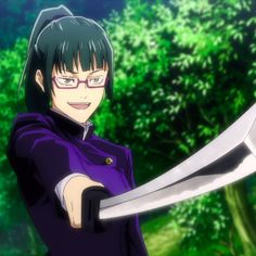 an anime character holding two large knives in front of trees and bushes, with one person wearing glasses