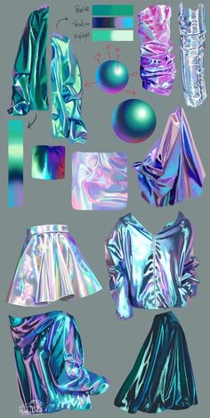 an assortment of metallic clothing on a gray background