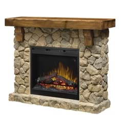 a stone fireplace with logs on top